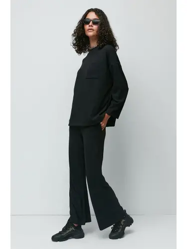 Corduroy Pocketed T-Shirt Flared Pants Set 9132 Black-Black - 4