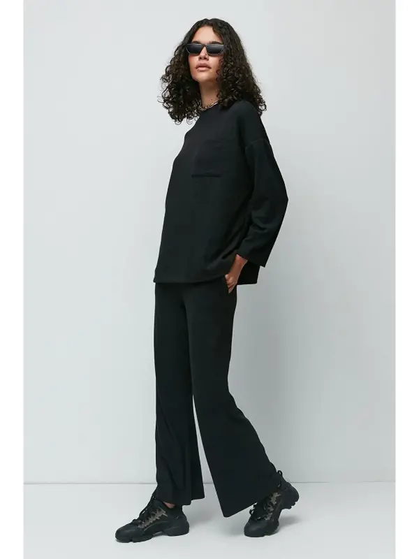 Corduroy Pocketed T-Shirt Flared Pants Set 9132 Black-Black - 4