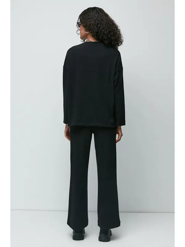 Corduroy Pocketed T-Shirt Flared Pants Set 9132 Black-Black - 6