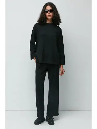 Corduroy Pocketed T-Shirt Flared Pants Set 9132 Black-Black - 2