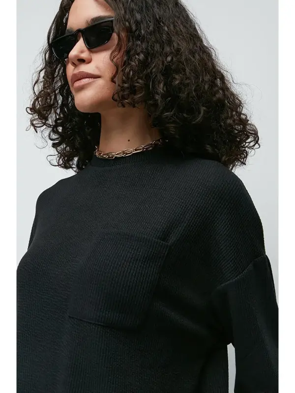 Corduroy Pocketed T-Shirt Flared Pants Set 9132 Black-Black - 3
