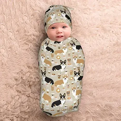 Corgi Newborn Swaddle Blanket with Hat Set Baby Stuff Receiving Blankets Soft Transition Sleep Sacks Gifts for Infant Boys Girls - 5
