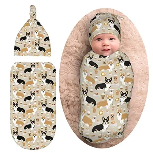Corgi Newborn Swaddle Blanket with Hat Set Baby Stuff Receiving Blankets Soft Transition Sleep Sacks Gifts for Infant Boys Girls - NORCHZI