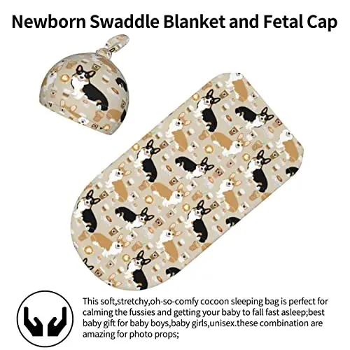 Corgi Newborn Swaddle Blanket with Hat Set Baby Stuff Receiving Blankets Soft Transition Sleep Sacks Gifts for Infant Boys Girls - 2