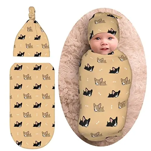 Corgi Newborn Swaddle Blanket with Hat Set Baby Stuff Receiving Blankets Soft Transition Sleep Sacks Gifts for Infant Boys Girls 