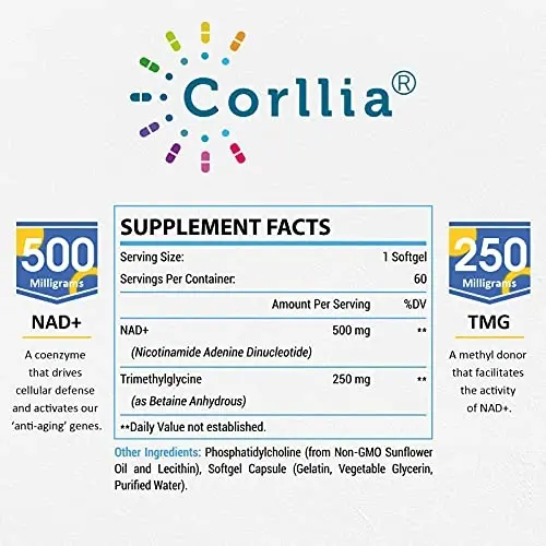 Corllia Liposomal NAD+ 500mg with TMG 250mg Softgels, Nicotinamide Riboside Alternative, Actual NAD+ Supplement, 60 Servings - 3