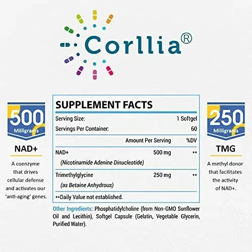 Corllia Liposomal NAD+ 500mg with TMG 250mg Softgels, Nicotinamide Riboside Alternative, Actual NAD+ Supplement, 60 Servings - 2