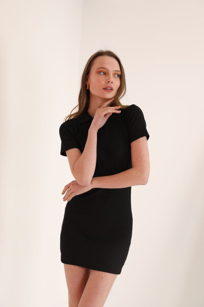 Corset Fabric Polo Collar Women's Dress - Black - 3