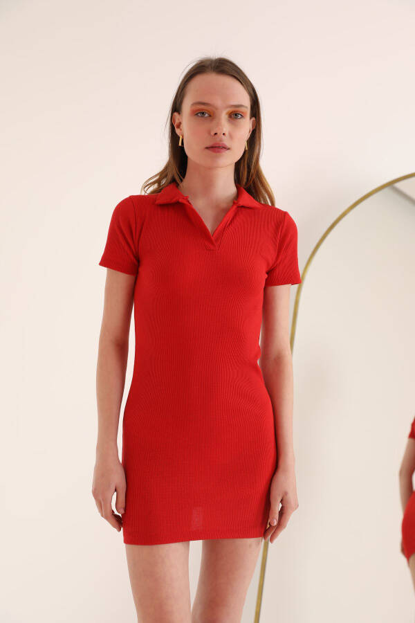 Corset Fabric Polo Collar Women's Dress - Red - 2