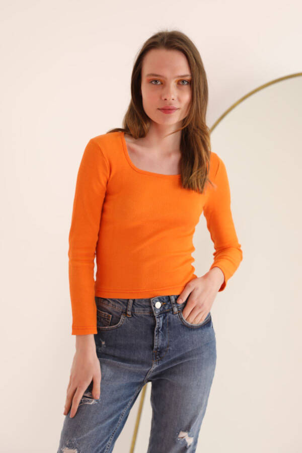 Corset Fabric U-Neck Long Sleeve Women's Blouse - Orange - 5