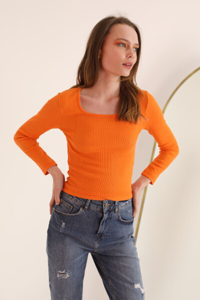 Corset Fabric U-Neck Long Sleeve Women's Blouse - Orange - 6