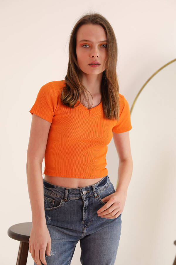 Corset Fabric V-Neck Short Sleeve Women's Blouse - Orange - 5