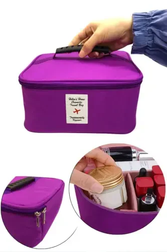 Cosmetic Makeup Bag with Handle Travel Set Makeup Accessories Organizer 24x21x11 Cm-Purple - 3