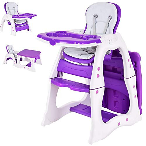 Costzon Baby High Chair, 3 in 1 Infant Table and Chair Set, Convertible Booster Seat with 3-Position Adjustable Feeding Tray, Adjustable Seat Back, 5-Point Harness (Purple) - 31