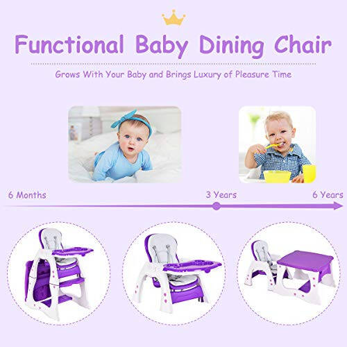 Costzon Baby High Chair, 3 in 1 Infant Table and Chair Set, Convertible Booster Seat with 3-Position Adjustable Feeding Tray, Adjustable Seat Back, 5-Point Harness (Purple) - 32