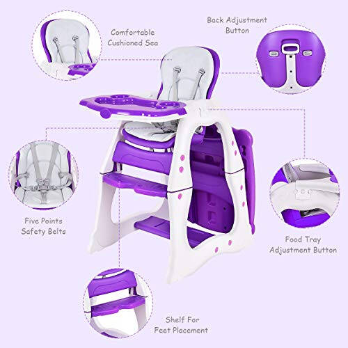 Costzon Baby High Chair, 3 in 1 Infant Table and Chair Set, Convertible Booster Seat with 3-Position Adjustable Feeding Tray, Adjustable Seat Back, 5-Point Harness (Purple) - 33