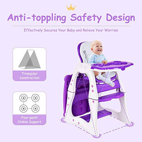 Costzon Baby High Chair, 3 in 1 Infant Table and Chair Set, Convertible Booster Seat with 3-Position Adjustable Feeding Tray, Adjustable Seat Back, 5-Point Harness (Purple) - 36