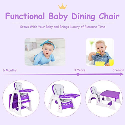 Costzon Baby High Chair, 3 in 1 Infant Table and Chair Set, Convertible Booster Seat with 3-Position Adjustable Feeding Tray, Adjustable Seat Back, 5-Point Harness (Purple) - 26