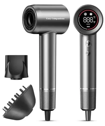 Cosy Companions Hair Dryer - Negative Ionic Blow Dryer with 150000 RPM High Speed Brushless Motor for Fast Drying, Low Noise, HD Display Hair Dryer with Diffuser and Nozzle, 5 Temps & 2 Speeds - COSY
