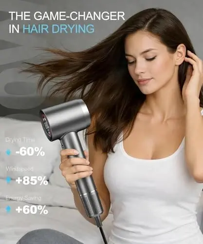 Cosy Companions Hair Dryer - Negative Ionic Blow Dryer with 150000 RPM High Speed Brushless Motor for Fast Drying, Low Noise, HD Display Hair Dryer with Diffuser and Nozzle, 5 Temps & 2 Speeds - 4