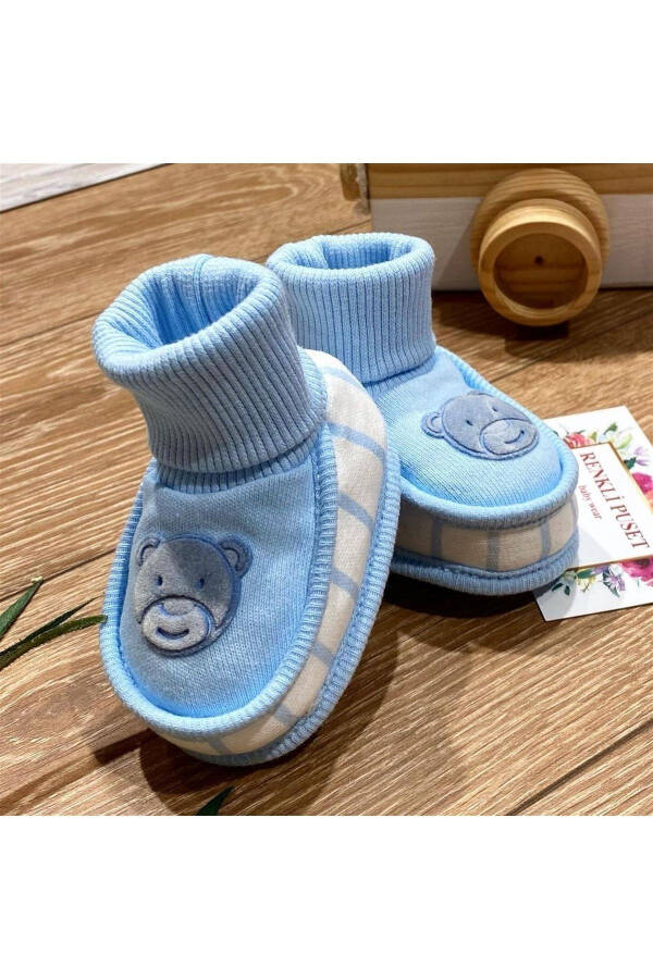 Cotton Baby Booties Suede Teddy Bear Print Blue - 1