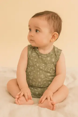 Cotton Baby Snap Bodysuit Spring Floral Khaki - 2