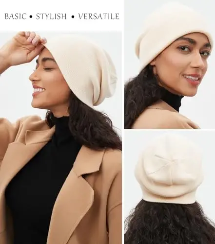 Cotton Beanie Hat for Women Men, Double Warm Knit Winter Hats, Fisherman Slouchy Ski Cuffed Beanies Skull Cap - 2