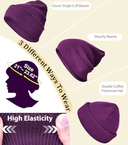 Cotton Beanie Hat for Women Men, Double Warm Knit Winter Hats, Fisherman Slouchy Ski Cuffed Beanies Skull Cap - 6