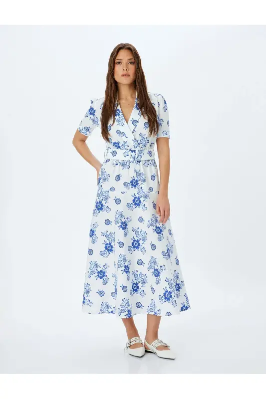 Cotton Belted Short Sleeve Crossover Neck Long Floral Dress - 1