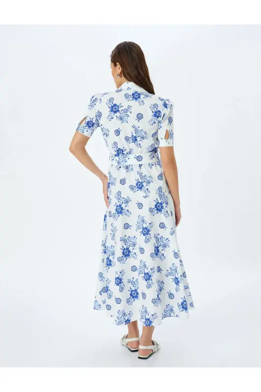 Cotton Belted Short Sleeve Crossover Neck Long Floral Dress - 4