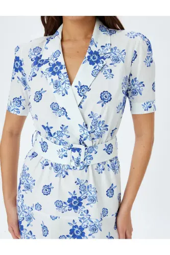 Cotton Belted Short Sleeve Crossover Neck Long Floral Dress - 5