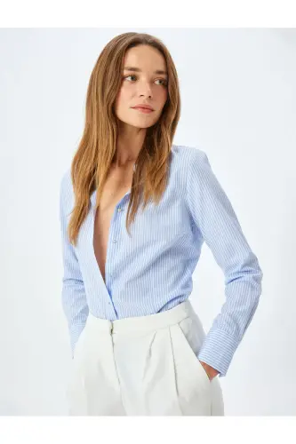 Cotton Blend Classic Collar Long Sleeve Striped Shirt - 1