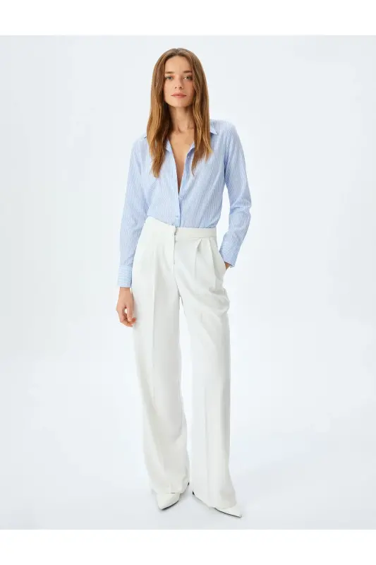 Cotton Blend Classic Collar Long Sleeve Striped Shirt - 2