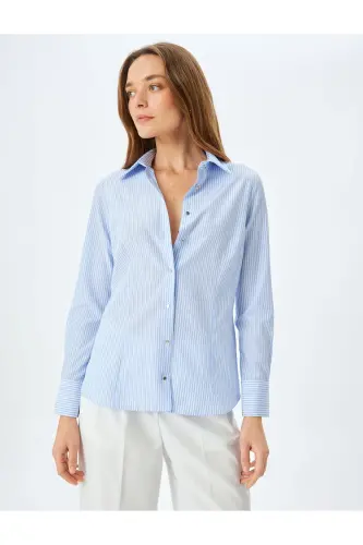 Cotton Blend Classic Collar Long Sleeve Striped Shirt - 3