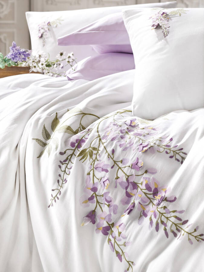 Cotton Box 3D Embroidered Double Satin Bed Linen Set Mita Lilac - 5