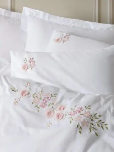 Cotton Box 3D Embroidered Double Satin Duvet Cover Set Floret White - 2
