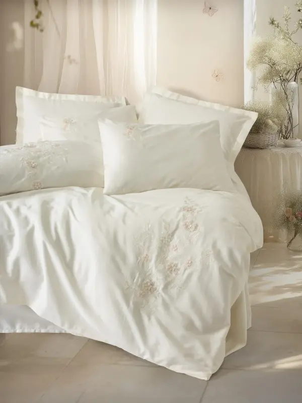 Cotton Box 3D Embroidered Double Size Satin Duvet Cover Set Aira Ecru - NEVRESIMDUNYASI