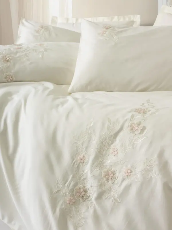 Cotton Box 3D Embroidered Double Size Satin Duvet Cover Set Aira Ecru - 2