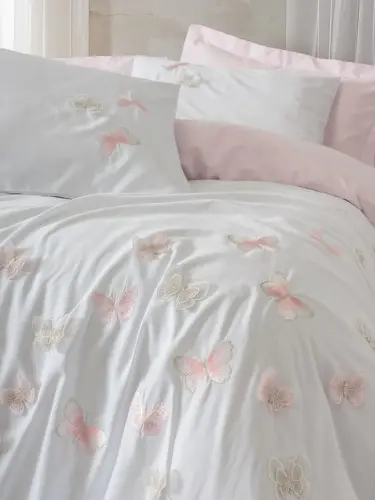 Cotton Box 3D Embroidered Double Size Satin Duvet Cover Set Charming Powder - 2