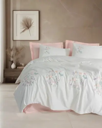 Cotton Box 3D Embroidered Double Size Satin Duvet Cover Set Liva Powder - 1