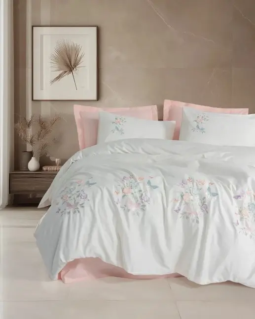 Cotton Box 3D Embroidered Double Size Satin Duvet Cover Set Liva Powder - 1