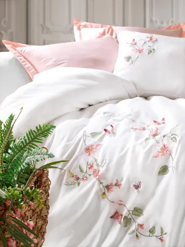 Cotton Box 3D Embroidered Double Size Satin Duvet Cover Set Luna Powder - NEVRESIMDUNYASI (1)
