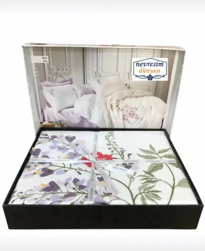 Cotton Box 3D Embroidered Double Size Satin Duvet Cover Set Mita Lila - 3