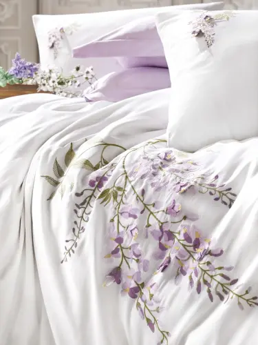 Cotton Box 3D Embroidered Double Size Satin Duvet Cover Set Mita Lila - NEVRESIMDUNYASI (1)