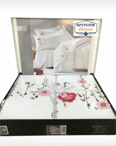 Cotton Box 3D Embroidered Double Size Satin Duvet Cover Set Perla White - 3
