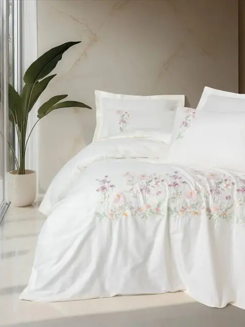 Cotton Box 3D Embroidered Double Size Satin Duvet Cover Set Zephy Ecru - 1