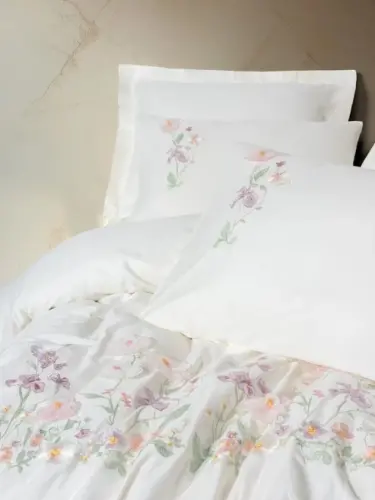 Cotton Box 3D Embroidered Double Size Satin Duvet Cover Set Zephy Ecru - NEVRESIMDUNYASI (1)