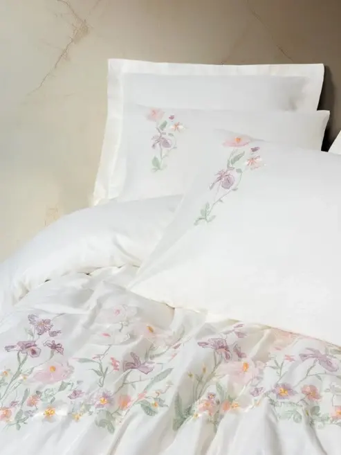 Cotton Box 3D Embroidered Double Size Satin Duvet Cover Set Zephy Ecru - 2