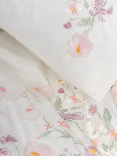 Cotton Box 3D Embroidered Double Size Satin Duvet Cover Set Zephy Ecru - 3