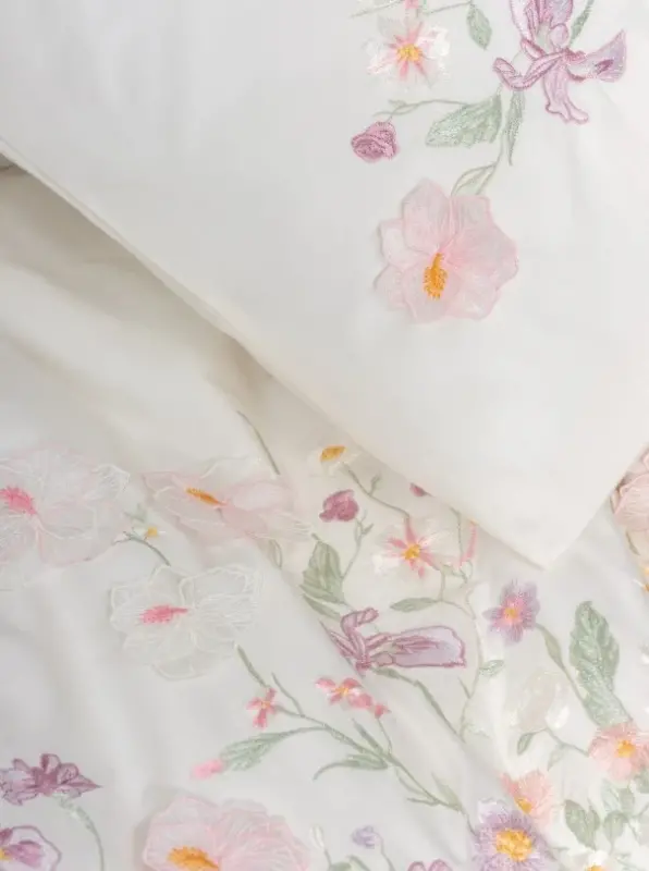 Cotton Box 3D Embroidered Double Size Satin Duvet Cover Set Zephy Ecru - 3